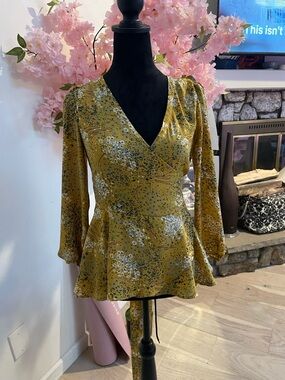 LOFT Mustard Floral Wrap Peplum Top